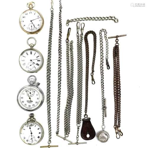 Three pocket watches and a Sekonda stopwatch, one with a gol...