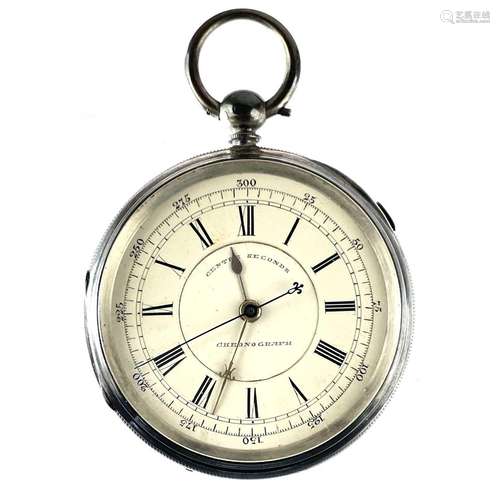 A centre seconds chronograph key wind pocket watch in silver...