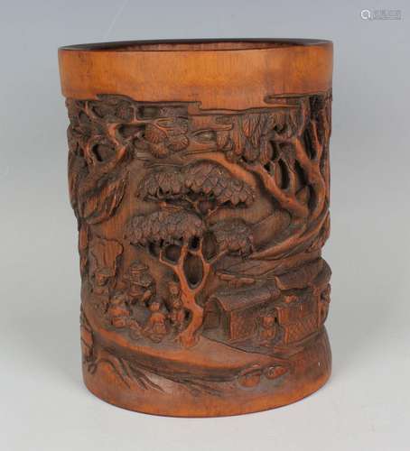 A Chinese carved bamboo brush pot