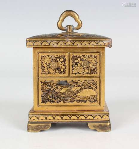 A Japanese Komai damascened iron miniature three-drawer ches...