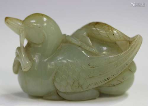 A Chinese celadon jade carving of a duck