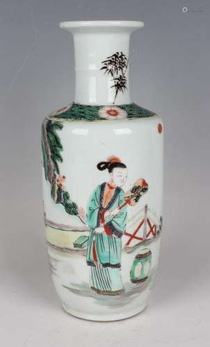 A Chinese famille verte porcelain rouleau vase