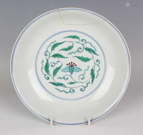 A Chinese doucai and anhua decorated porcelain saucer dish