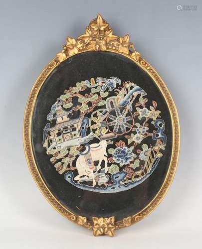 A Chinese embroidered oval panel