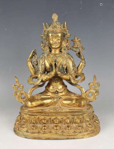 A Sino-Tibetan gilt bronze figure of Avalokiteshvara