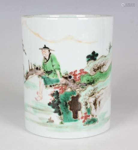 A Chinese famille verte porcelain cylindrical brush pot