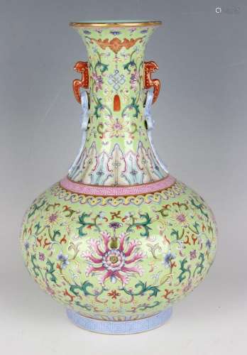 A Chinese famille rose enamelled pea green ground porcelain ...