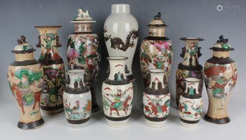 A near pair of Chinese famille verte crackle glazed porcelai...