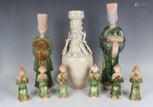 Two Chinese Ming style sancai glazed pottery funerary attend...