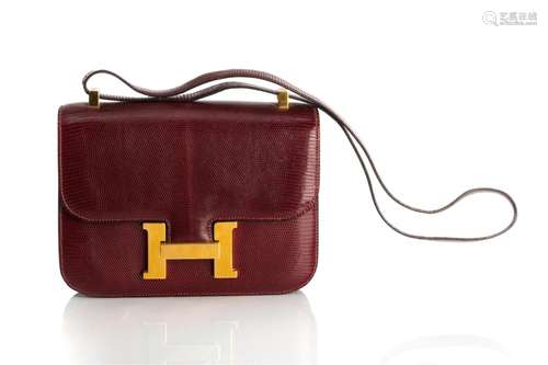 VINTAGE HERMES BURGUNDY LIZARD CONSTANCE HANDBAG