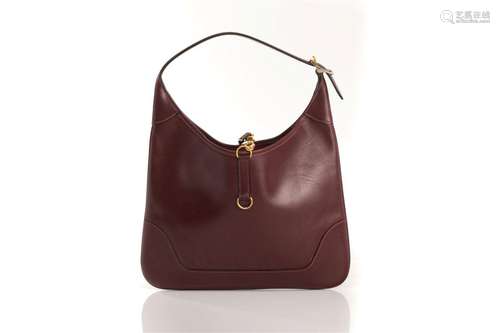 VINTAGE HERMES BURGUNDY LEATHER TRIM SHOULDER BAG