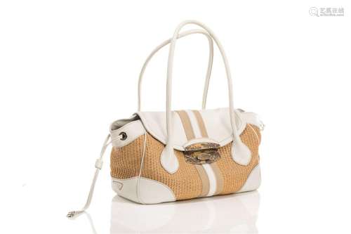 PRADA WHITE LEATHER AND STRAW DAINO SHOULDER BAG