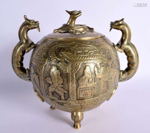 A RARE 19TH CENTURY CHINESE TWIN HANDLED BRONZE CENSER AND C...