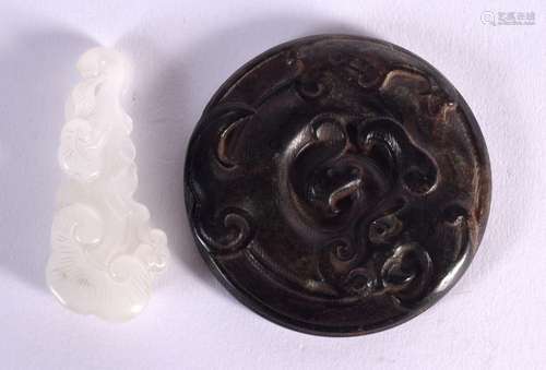 A CHINESE CARVED WHITE JADE LINGZHI FUNGUS together with a b...