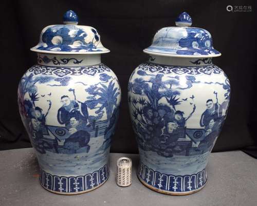 A LARGE PAIR OF CHINESE BLUE AND WHITE BALUSTER VASES AND CO...