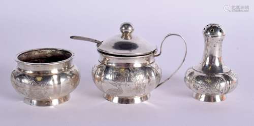 A RARE 19TH CENTURY CHINESE EXPORT SILVER THREE PIECE CRUET ...