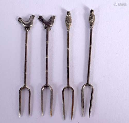 FOUR 19TH CENTURY CHINESE EXPORT SILVER PICKLE FORKS. 14 gra...