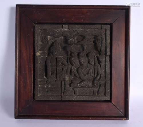 AN EARLY 20TH CENTURY INDIAN CARVED LAVA STONE BUDDHISTIC PA...