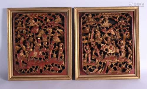 A PAIR OF 19TH CENTURY CHINESE CARVED AND PAINTED WOOD TEMPL...