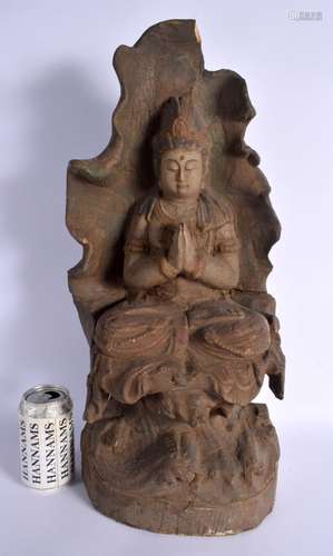 A LARGE CHINESE CARVED POLYCHROMED WOOD FIGURE OF AN IMMORTA...