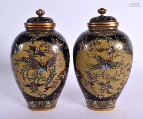 A FINE PAIR OF JAPANESE MEIJI PERIOD LIDDED CLOISONNE PHOENI...