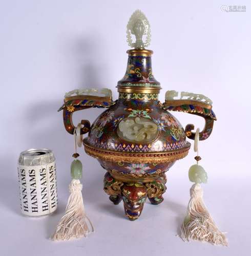 A RARE LATE 19TH CENTURY CHINESE CLOISONNE ENAMEL AND JADE C...