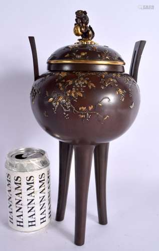 A JAPANESE MEIJI PERIOD BRONZE ONLAID TRIPOD LIDDED KORO wit...