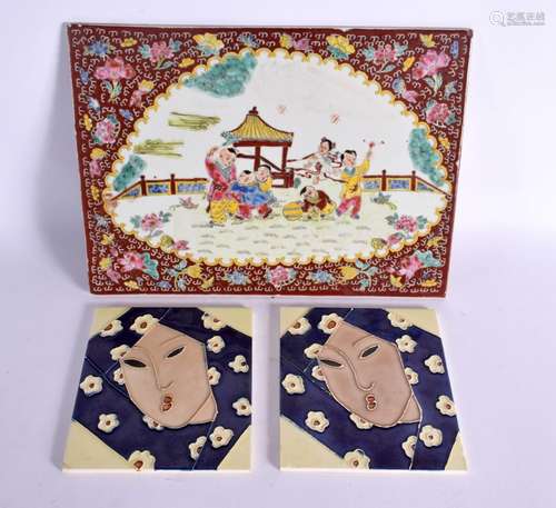 THREE CHINESE PORCELAIN TILES 20th Century. Largest 27 cm x ...