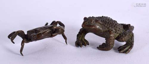 A JAPANESE BRONZE FROG OKIMONO and a similar crab. Largest 5...