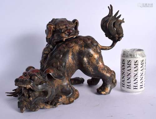 A LARGE CHINESE BRONZE BUDDHISTIC LION CENSER AND COVER 20th...