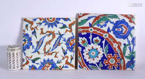 TWO LARGE TURKISH MIDDLE EASTERN FAIENCE TILES painted with ...