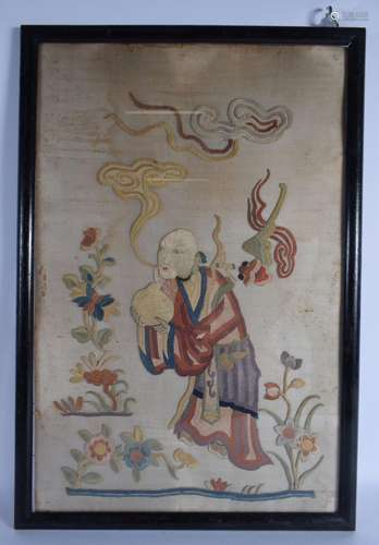 A 19TH CENTURY CHINESE FRAMED AND GLAZED SILK WORK PANEL Qin...