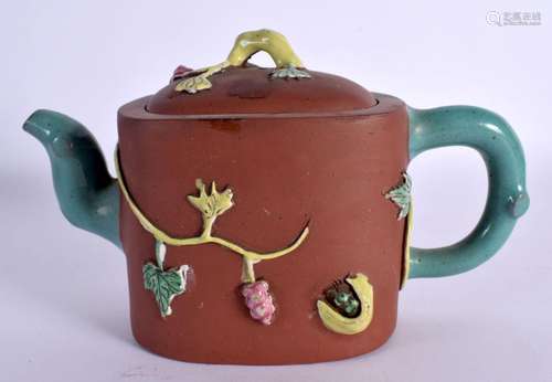 AN EARLY 20TH CENTURY CHINESE YIXING POTTERY ENAMELLED TEAPO...