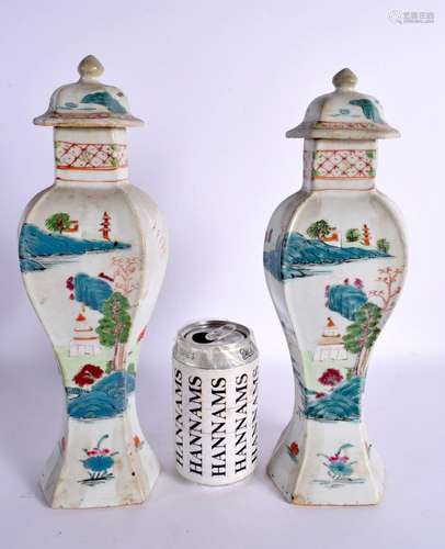 A LARGE PAIR OF 18TH CENTURY CHINESE EXPORT FAMILLE ROSE VAS...