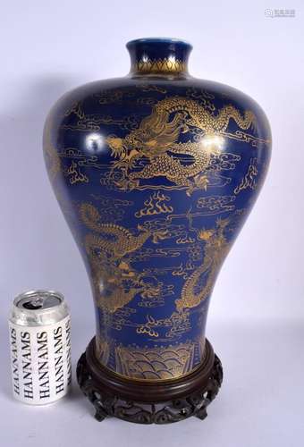 A GOOD LARGE CHINESE GILT DECORATED BLUE GLAZED MEIPING VASE...