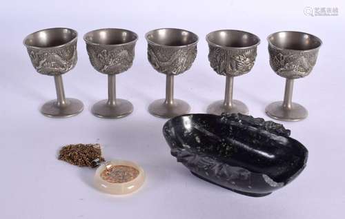 JAPANESE WHITE METAL CUPS together with a jade necklace etc....