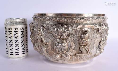 A 19TH CENTURY THAI SILVER PRESENTATION BOWL with relief dec...