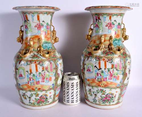 A LARGE PAIR OF 19TH CENTURY CHINESE CANTON FAMILLE ROSE VAS...