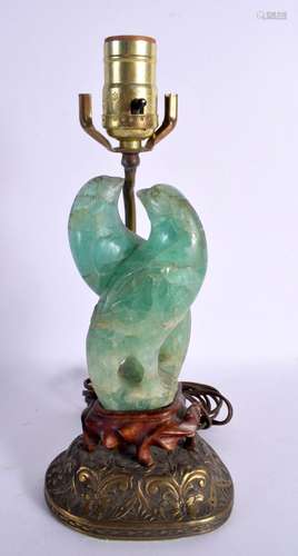 A LATE 19TH CENTURY CHINESE CARVED GREEN QUARTZ TWIN BIRD LA...