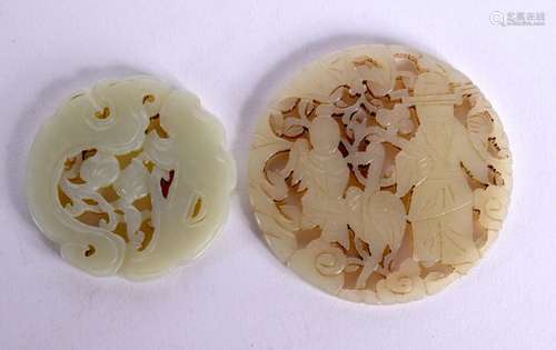 TWO EARLY 20TH CENTURY CHINESE CARVED JADE ROUNDELS. 54 gram...