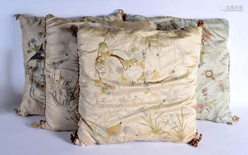 A SET OF FOUR 19TH CENTURY CHINESE SILK EMBROIDERED CUSHIONS...