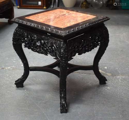 A 19TH CENTURY CHINESE CARVED HARDWOOD MARBLE INSET STAND Qi...