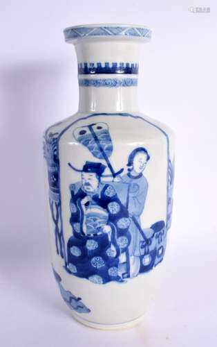 A 19TH CENTURY CHINESE BLUE AND WHITE PORCELAIN ROULEAU VASE...