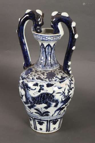 Large Chinese Blue and White Twin Handled Vase,