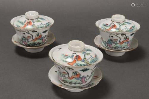 Three Chinese Porcelain Covered Bowls and Stands,