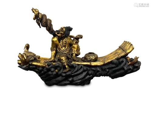 Large Chinese Carving of a Fisherman,