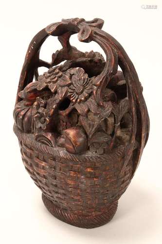 Chinese Carved Timber Basket of Fruit,