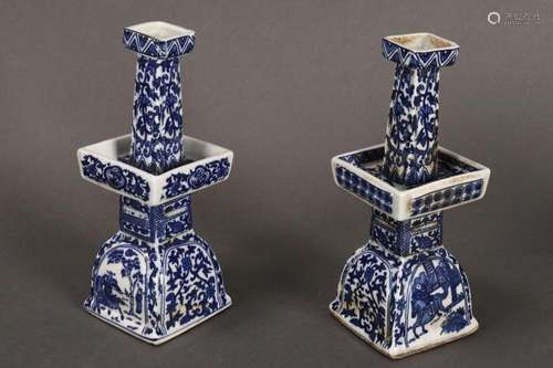 Pair of Chinese Blue and White Candlesticks,