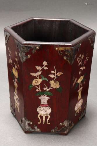 Chinese Inlaid Wooden Brush Pot,