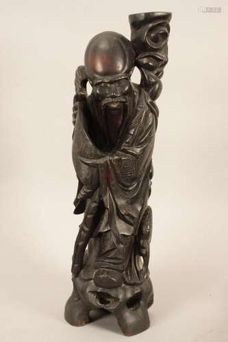 Chinese Carved Wooden Figure of Shou Lao,